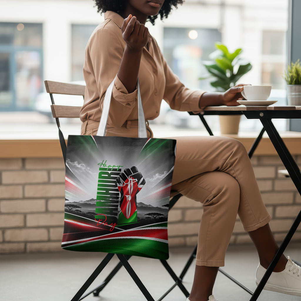 Kenya Jamhuri Day Tote Bag Kenyan Flag Raised Fist Maasai Spear Landscape