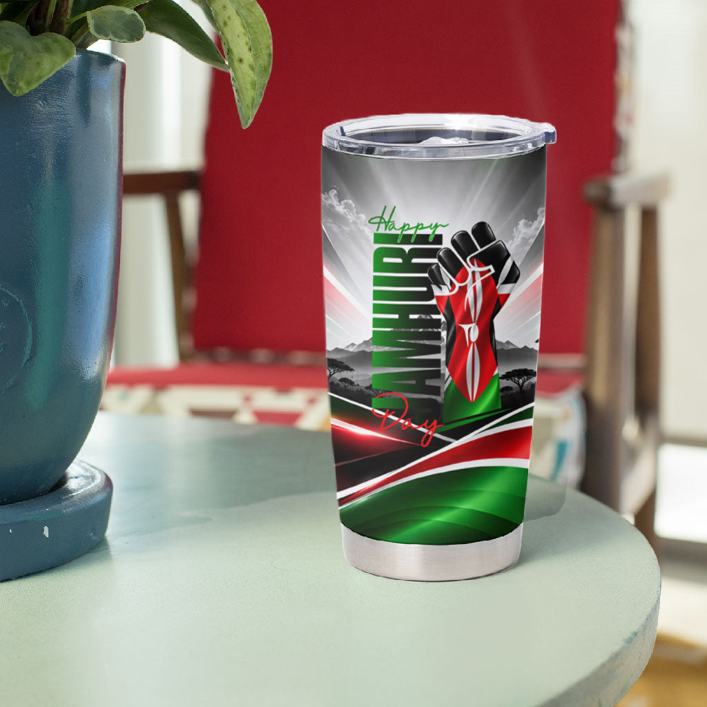 Kenya Jamhuri Day Tumbler Cup Kenyan Flag Raised Fist Maasai Spear Landscape