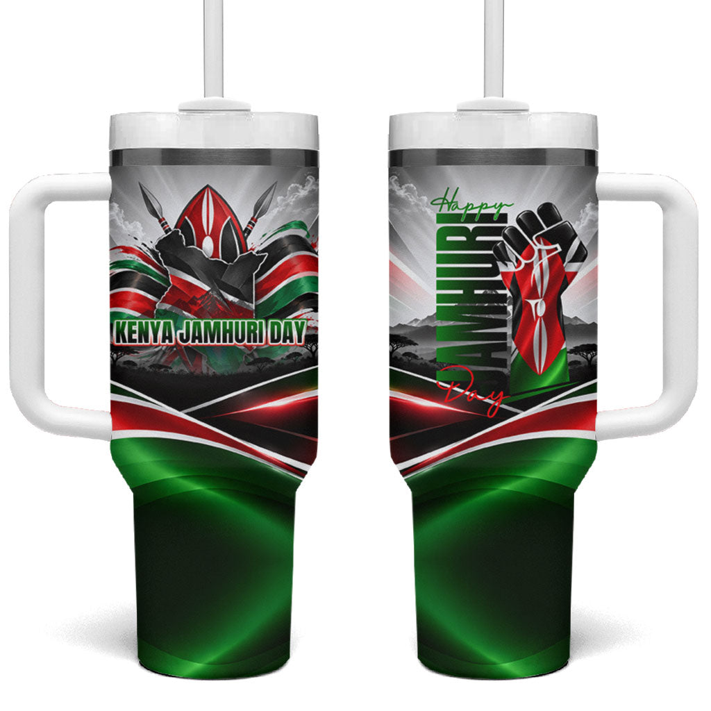 Kenya Jamhuri Day Tumbler With Handle Kenyan Flag Raised Fist Maasai Spear Landscape