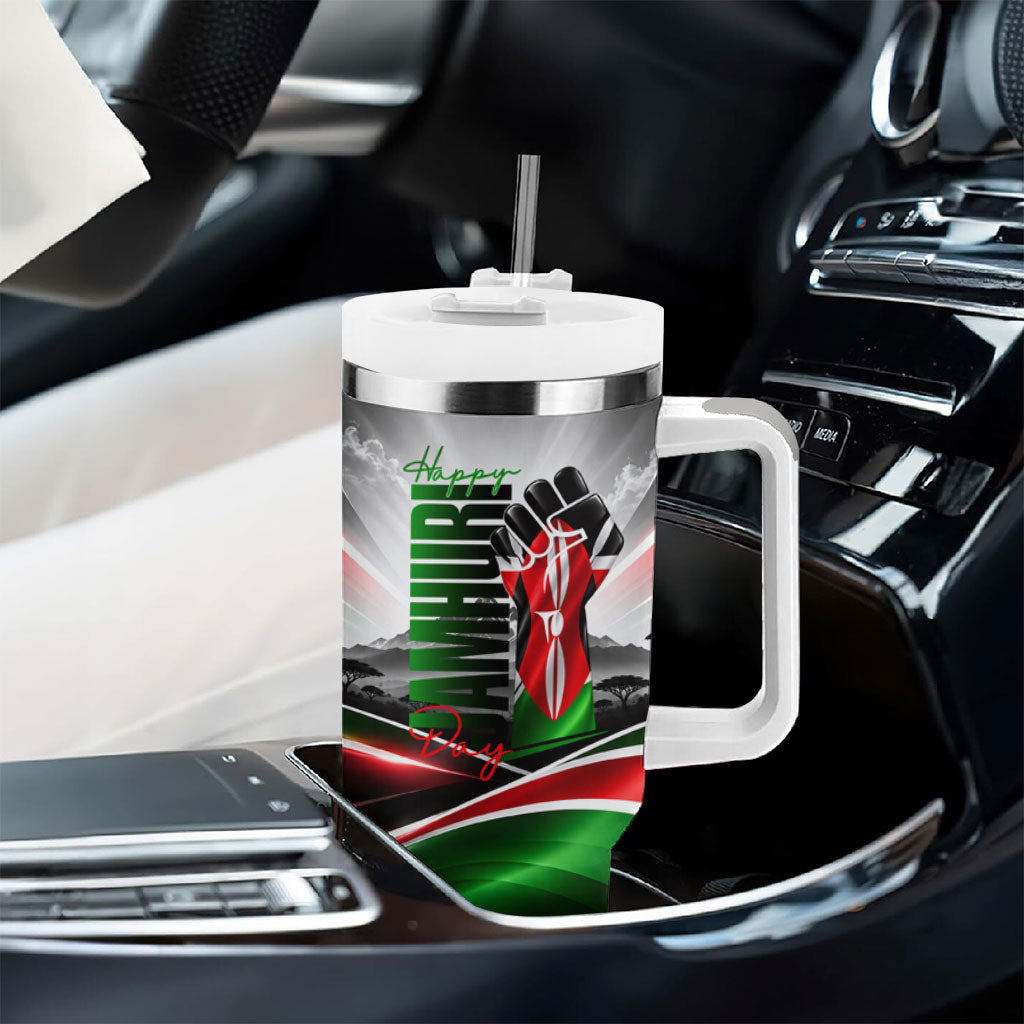 Kenya Jamhuri Day Tumbler With Handle Kenyan Flag Raised Fist Maasai Spear Landscape
