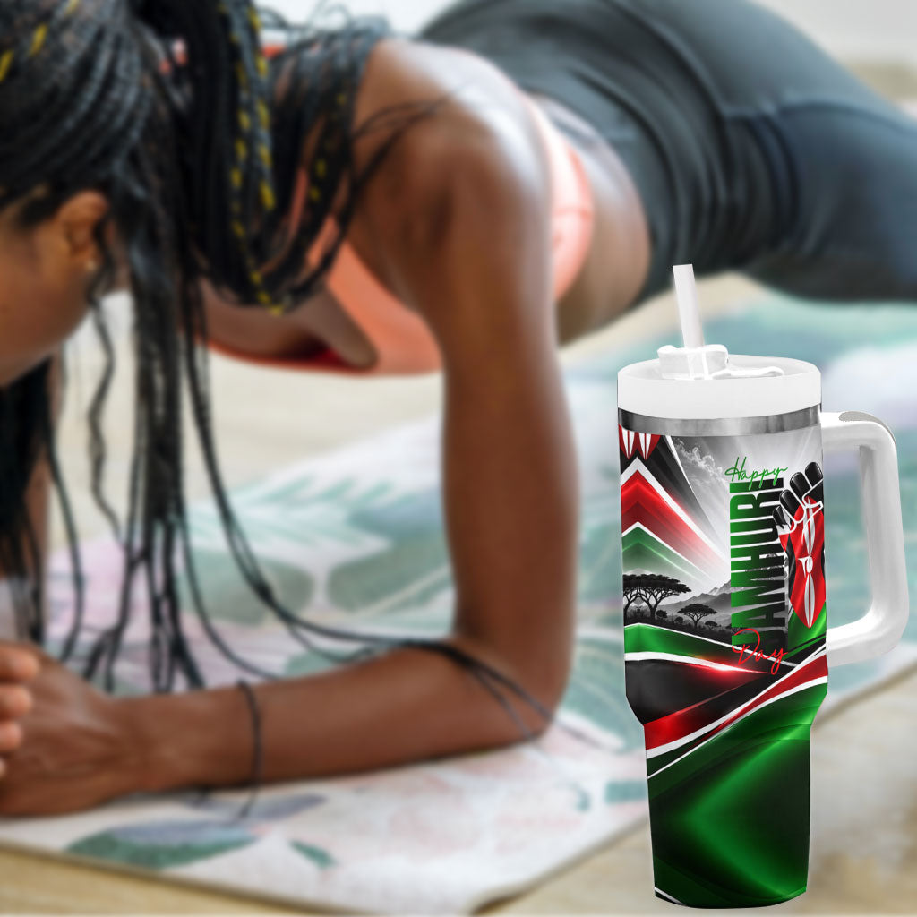 Kenya Jamhuri Day Tumbler With Handle Kenyan Flag Raised Fist Maasai Spear Landscape