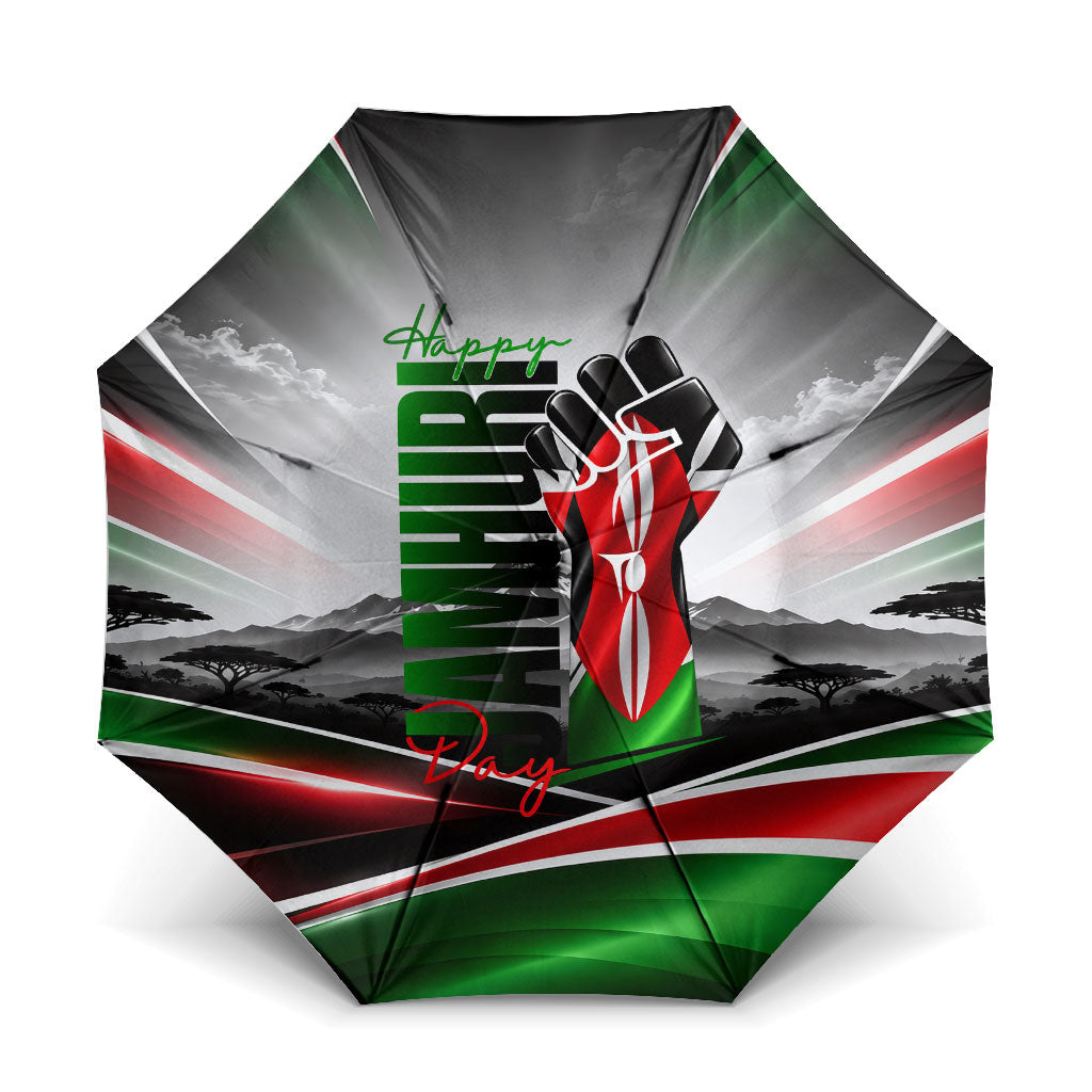 Kenya Jamhuri Day Umbrella Kenyan Flag Raised Fist Maasai Spear Landscape