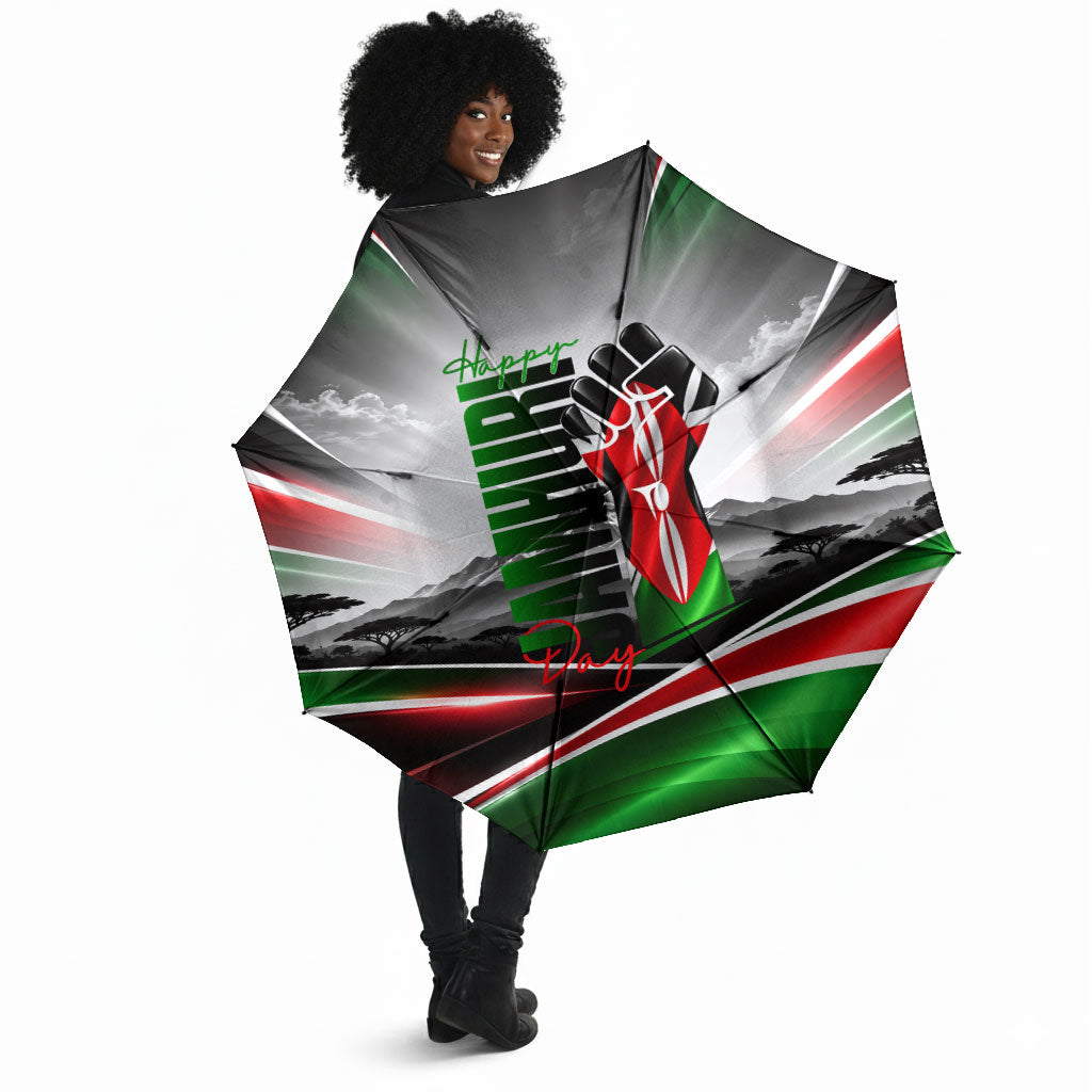 Kenya Jamhuri Day Umbrella Kenyan Flag Raised Fist Maasai Spear Landscape