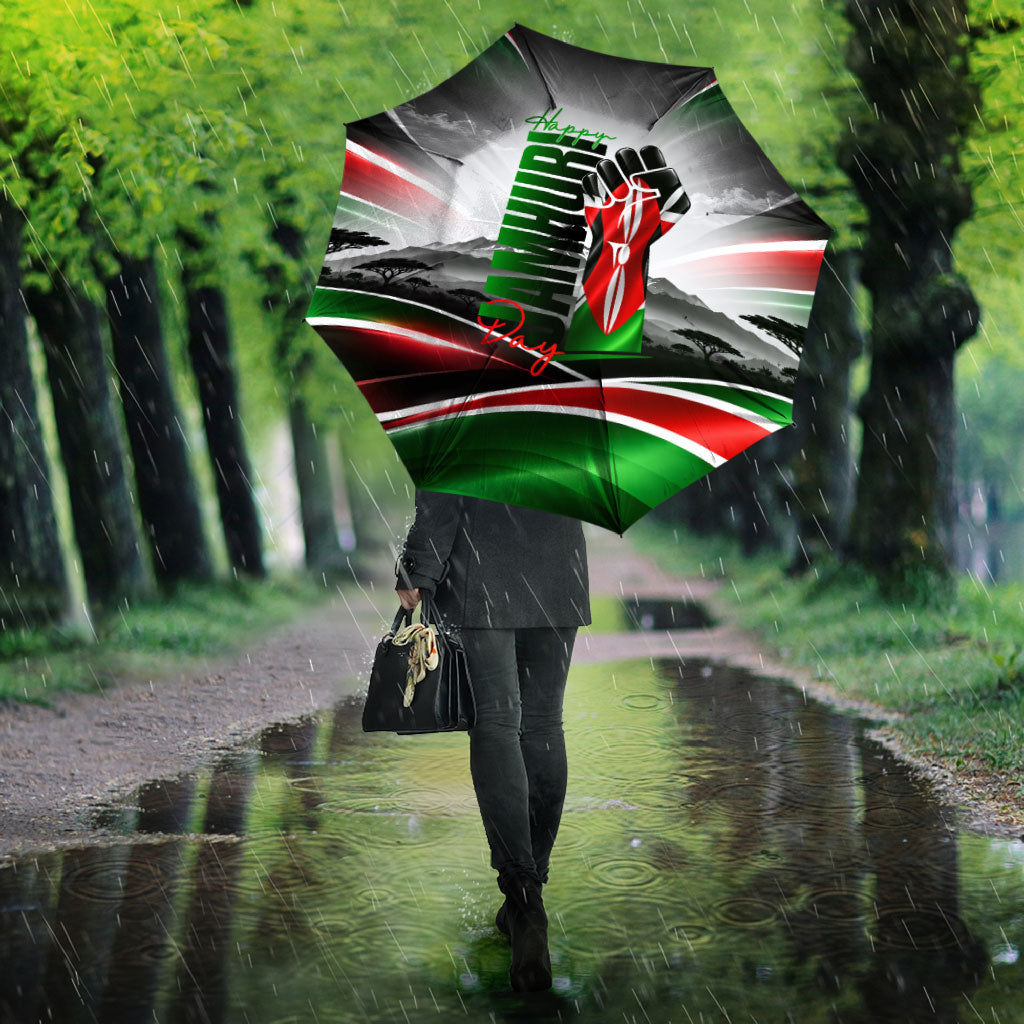 Kenya Jamhuri Day Umbrella Kenyan Flag Raised Fist Maasai Spear Landscape
