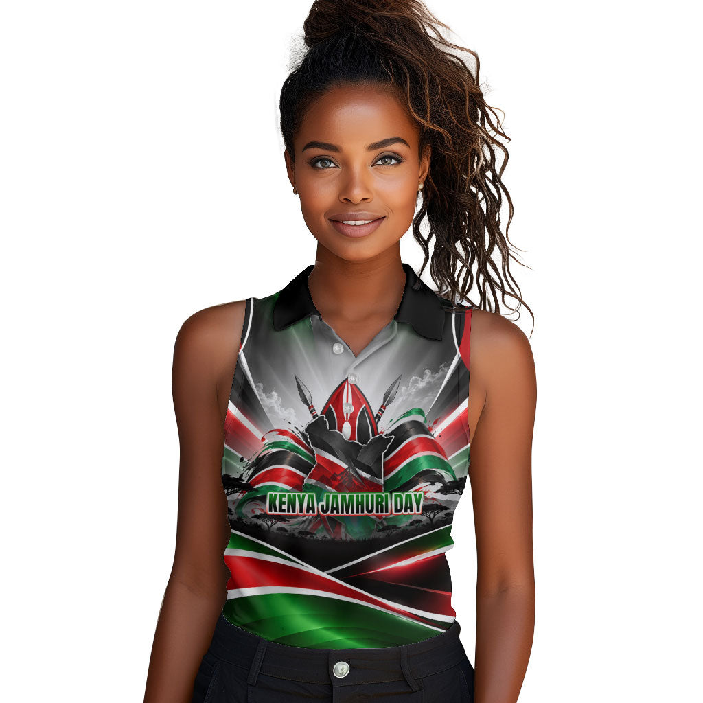 Kenya Jamhuri Day Women Sleeveless Polo Shirt Kenyan Flag Raised Fist Maasai Spear Landscape