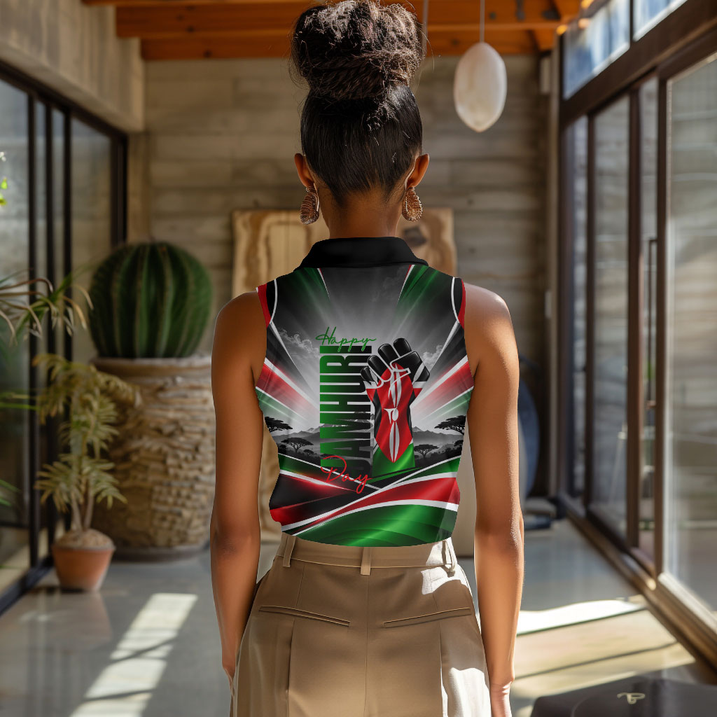 Kenya Jamhuri Day Women Sleeveless Polo Shirt Kenyan Flag Raised Fist Maasai Spear Landscape