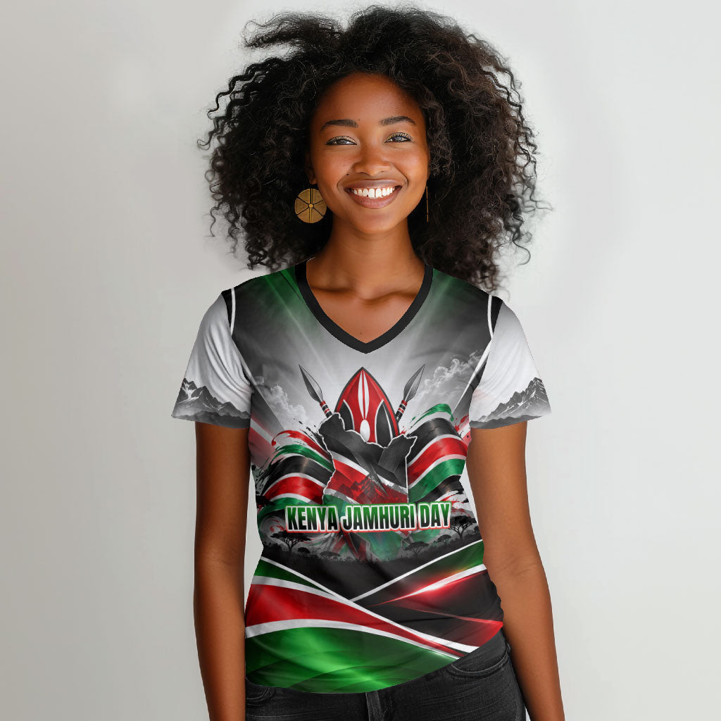 Kenya Jamhuri Day Women V-Neck T-Shirt Kenyan Flag Raised Fist Maasai Spear Landscape