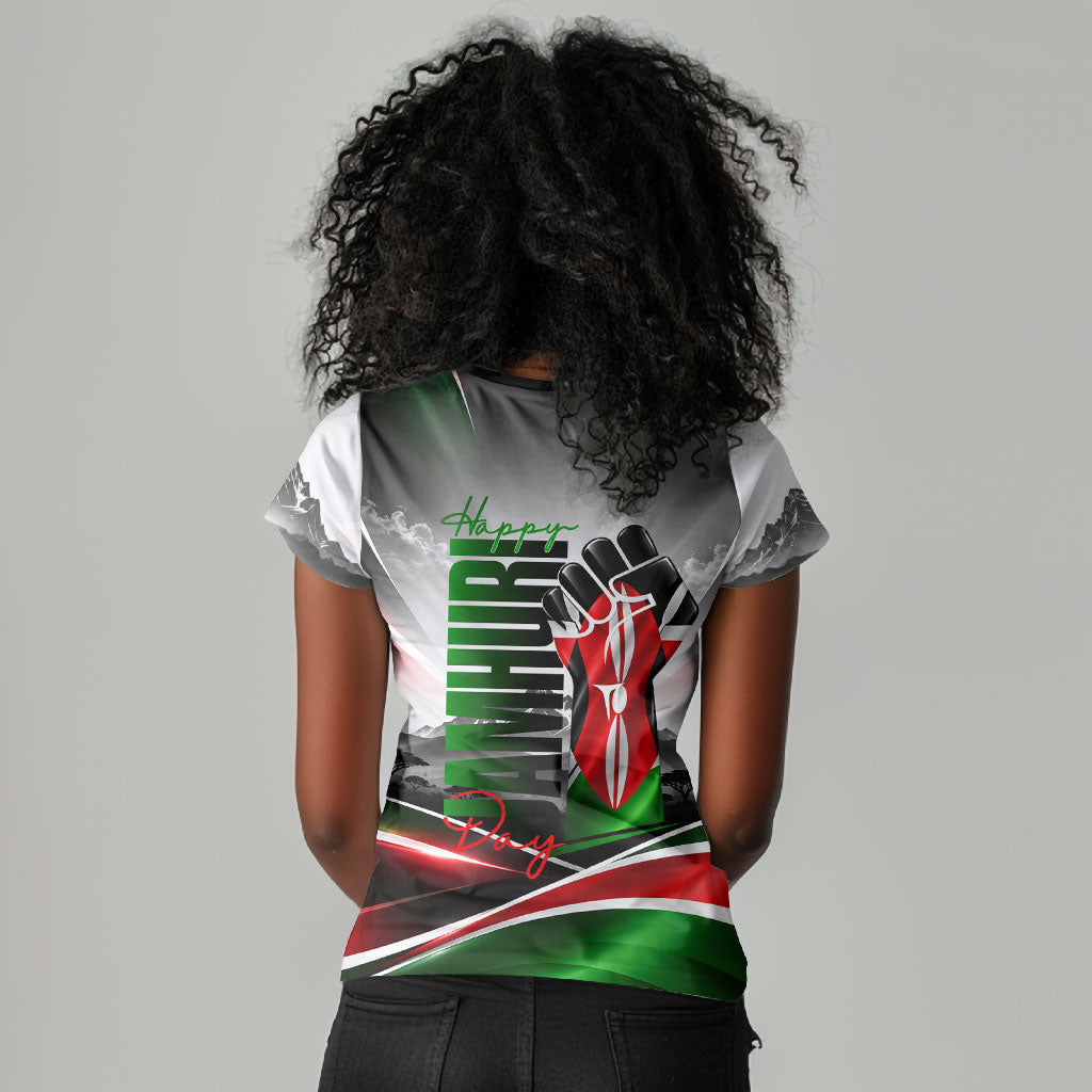 Kenya Jamhuri Day Women V-Neck T-Shirt Kenyan Flag Raised Fist Maasai Spear Landscape