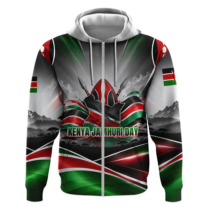 Kenya Jamhuri Day Zip Hoodie Kenyan Flag Raised Fist Maasai Spear Landscape