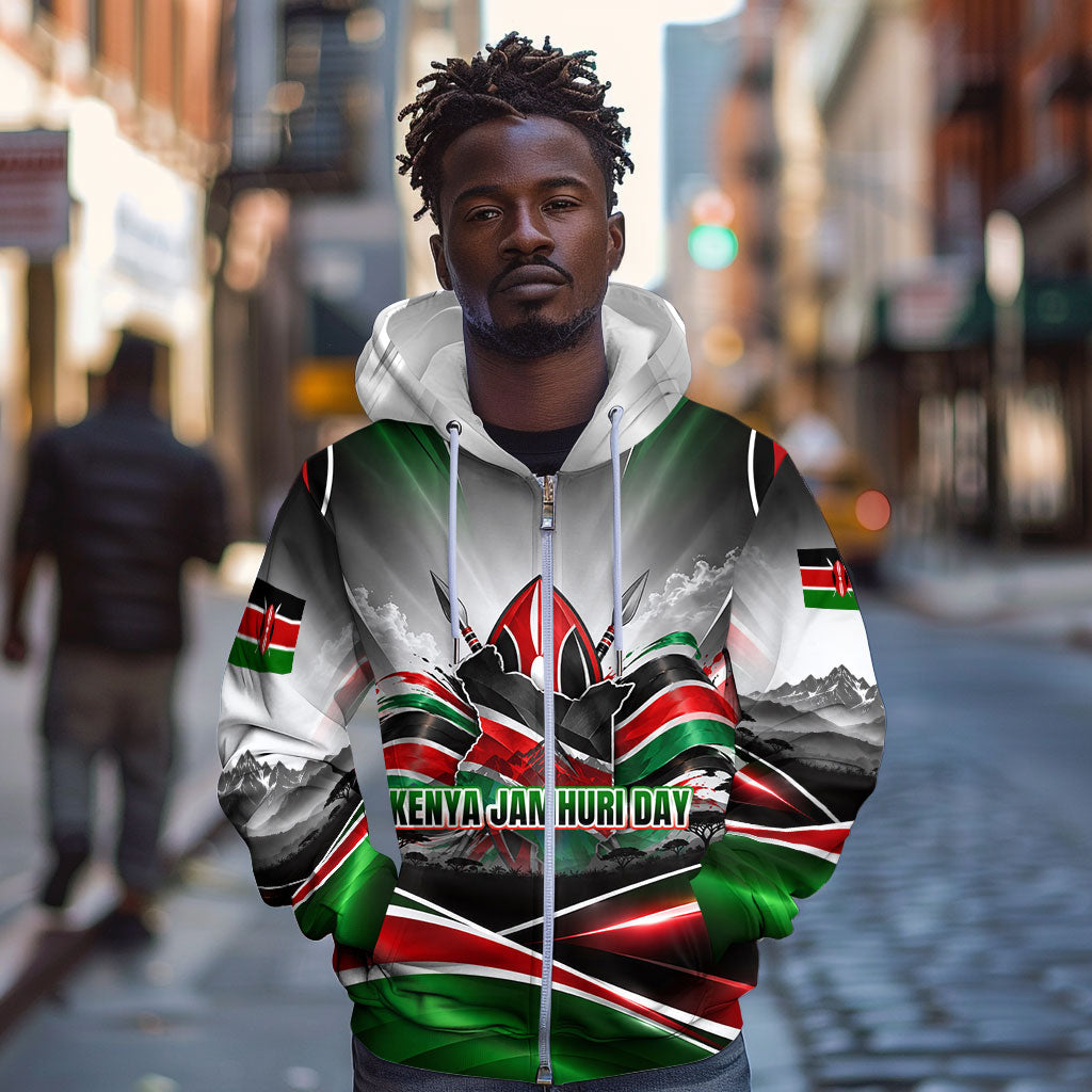 Kenya Jamhuri Day Zip Hoodie Kenyan Flag Raised Fist Maasai Spear Landscape