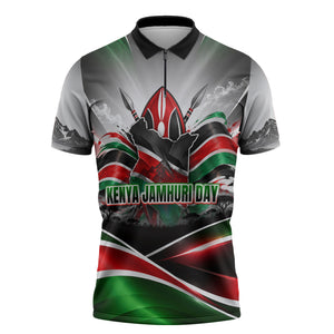 Kenya Jamhuri Day Zipper Polo Shirt Kenyan Flag Raised Fist Maasai Spear Landscape