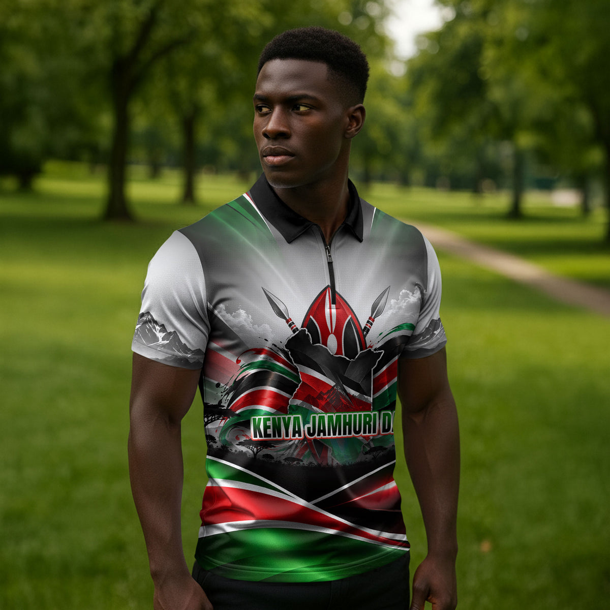 Kenya Jamhuri Day Zipper Polo Shirt Kenyan Flag Raised Fist Maasai Spear Landscape