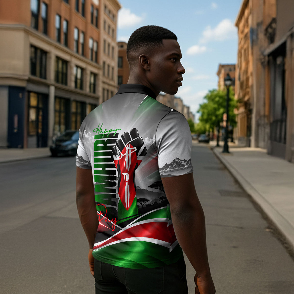 Kenya Jamhuri Day Zipper Polo Shirt Kenyan Flag Raised Fist Maasai Spear Landscape