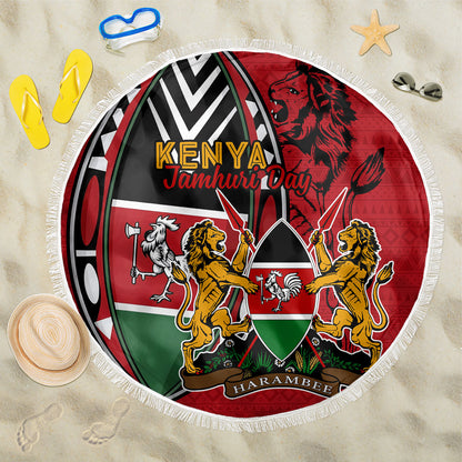 Kenya Jamhuri Day Beach Blanket Harambee Spirit Lion Flag Tribal