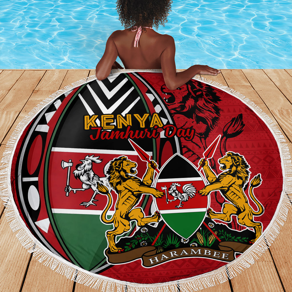 Kenya Jamhuri Day Beach Blanket Harambee Spirit Lion Flag Tribal