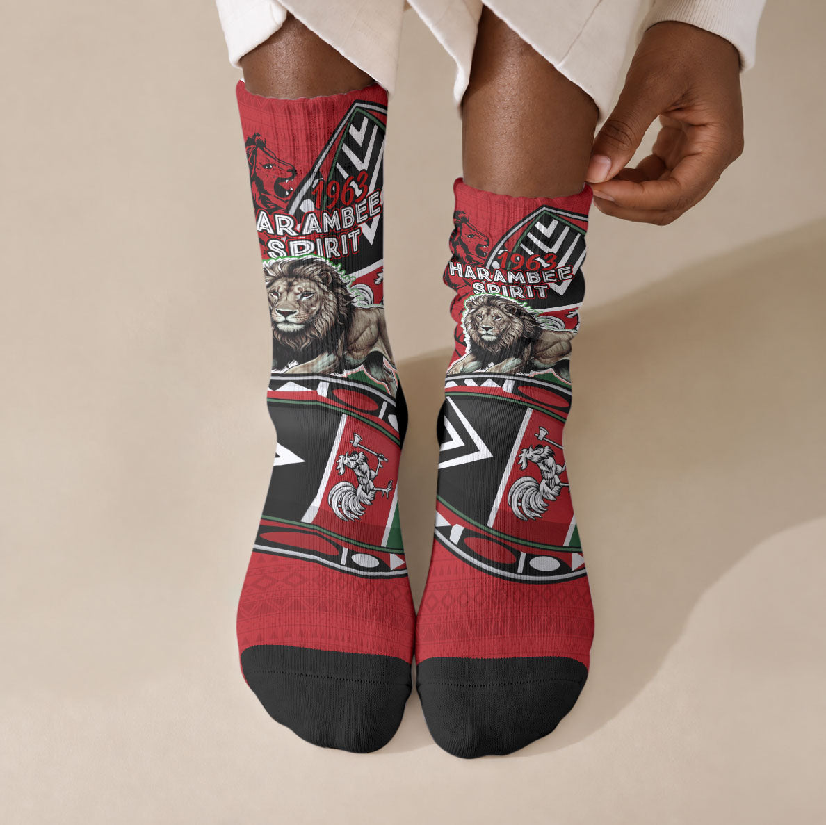 Kenya Jamhuri Day Crew Socks Harambee Spirit Lion Flag Tribal