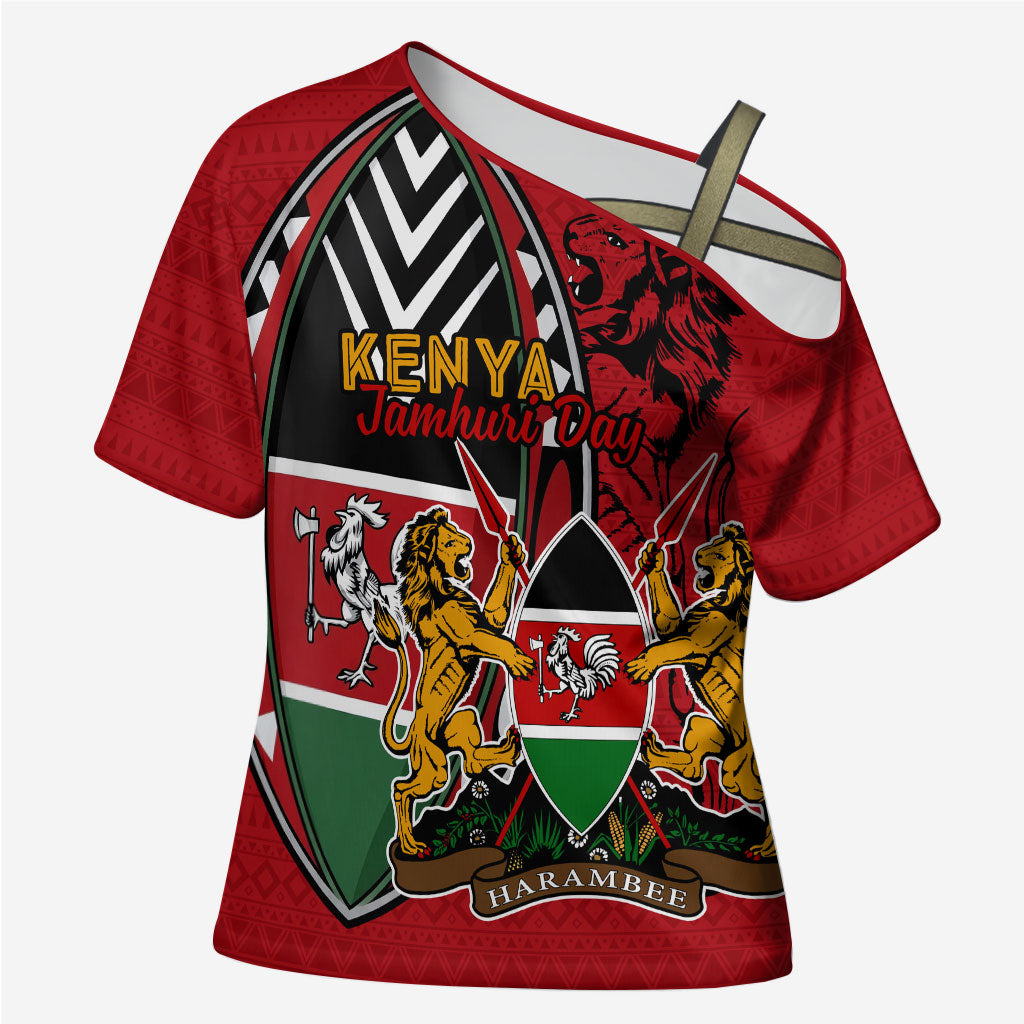 Kenya Jamhuri Day Cross Shoulder Shirt Harambee Spirit Lion Flag Tribal