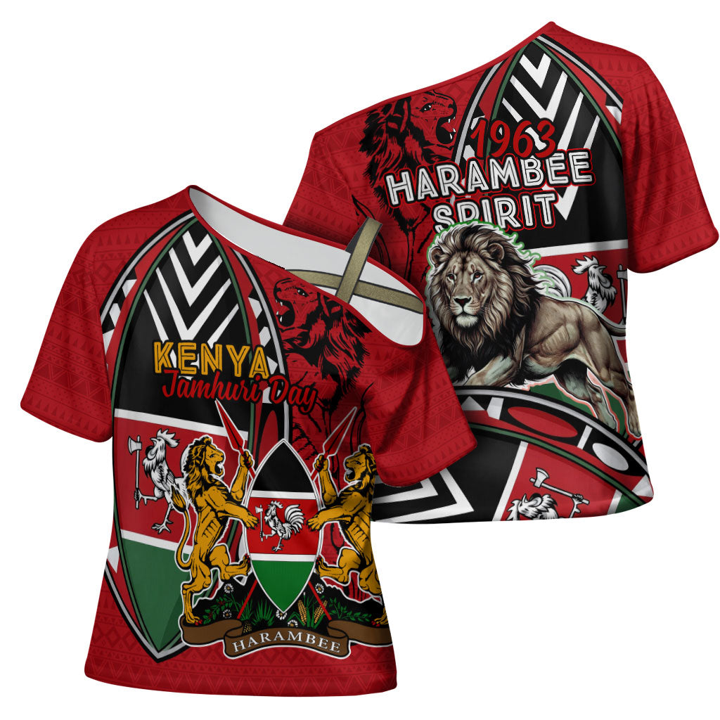 Kenya Jamhuri Day Cross Shoulder Shirt Harambee Spirit Lion Flag Tribal