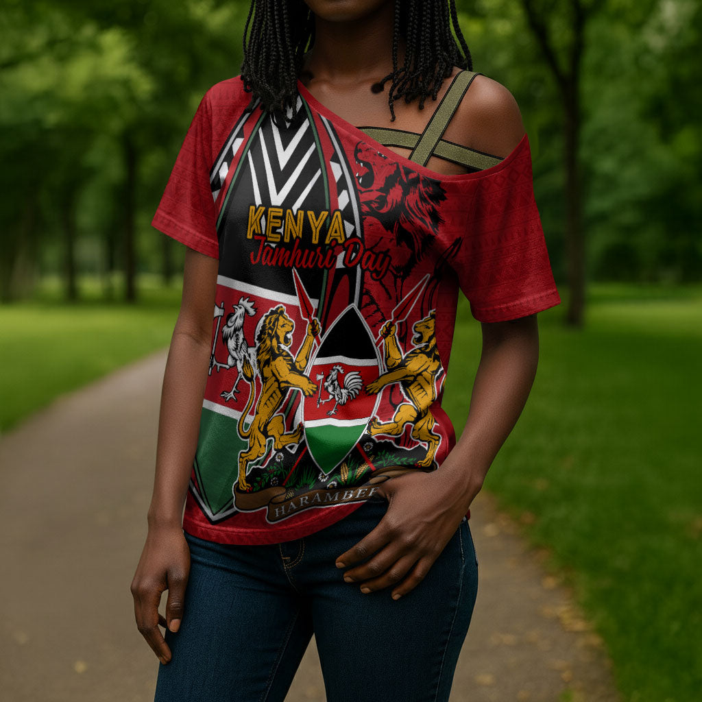 Kenya Jamhuri Day Cross Shoulder Shirt Harambee Spirit Lion Flag Tribal