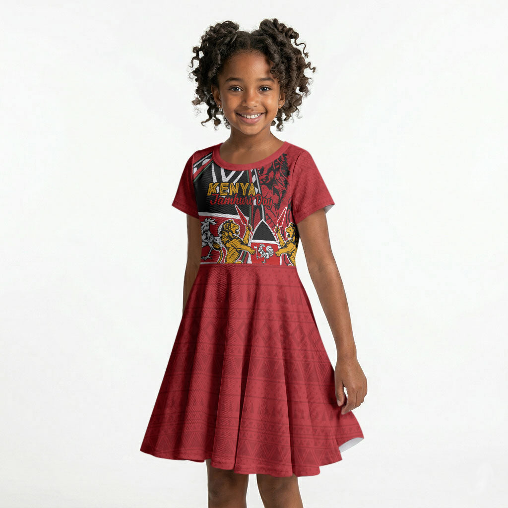 Kenya Jamhuri Day Kid Short Sleeve Dress Harambee Spirit Lion Flag Tribal