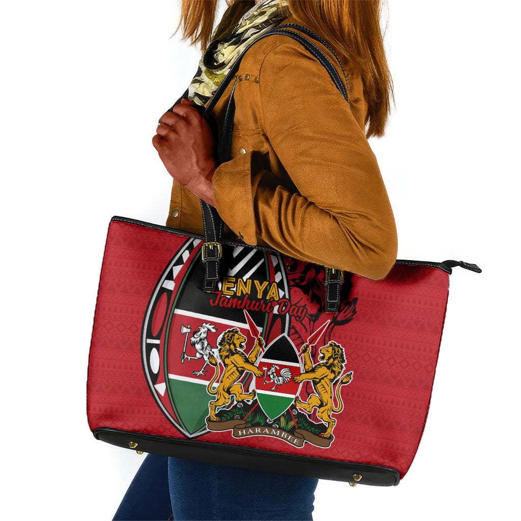 Kenya Jamhuri Day Leather Tote Bag Harambee Spirit Lion Flag Tribal