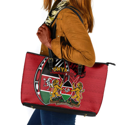 Kenya Jamhuri Day Leather Tote Bag Harambee Spirit Lion Flag Tribal