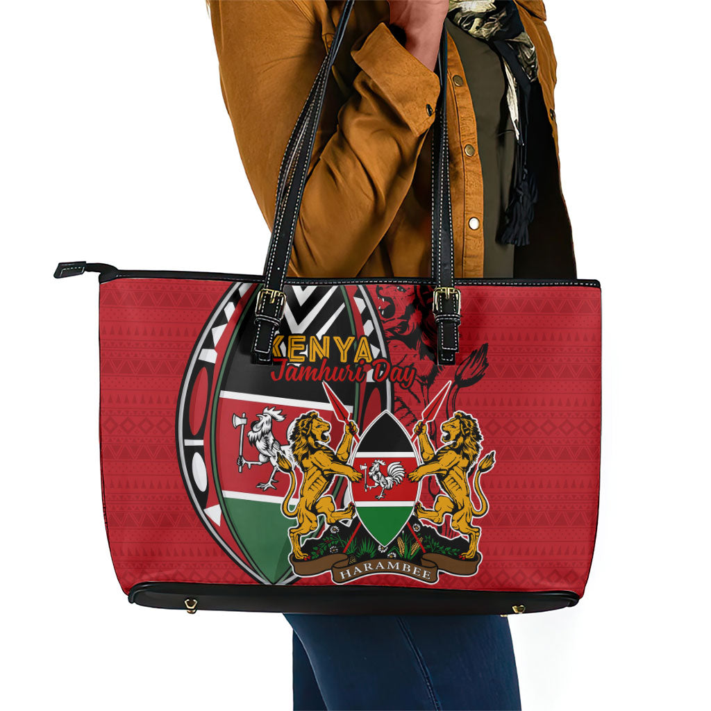 Kenya Jamhuri Day Leather Tote Bag Harambee Spirit Lion Flag Tribal