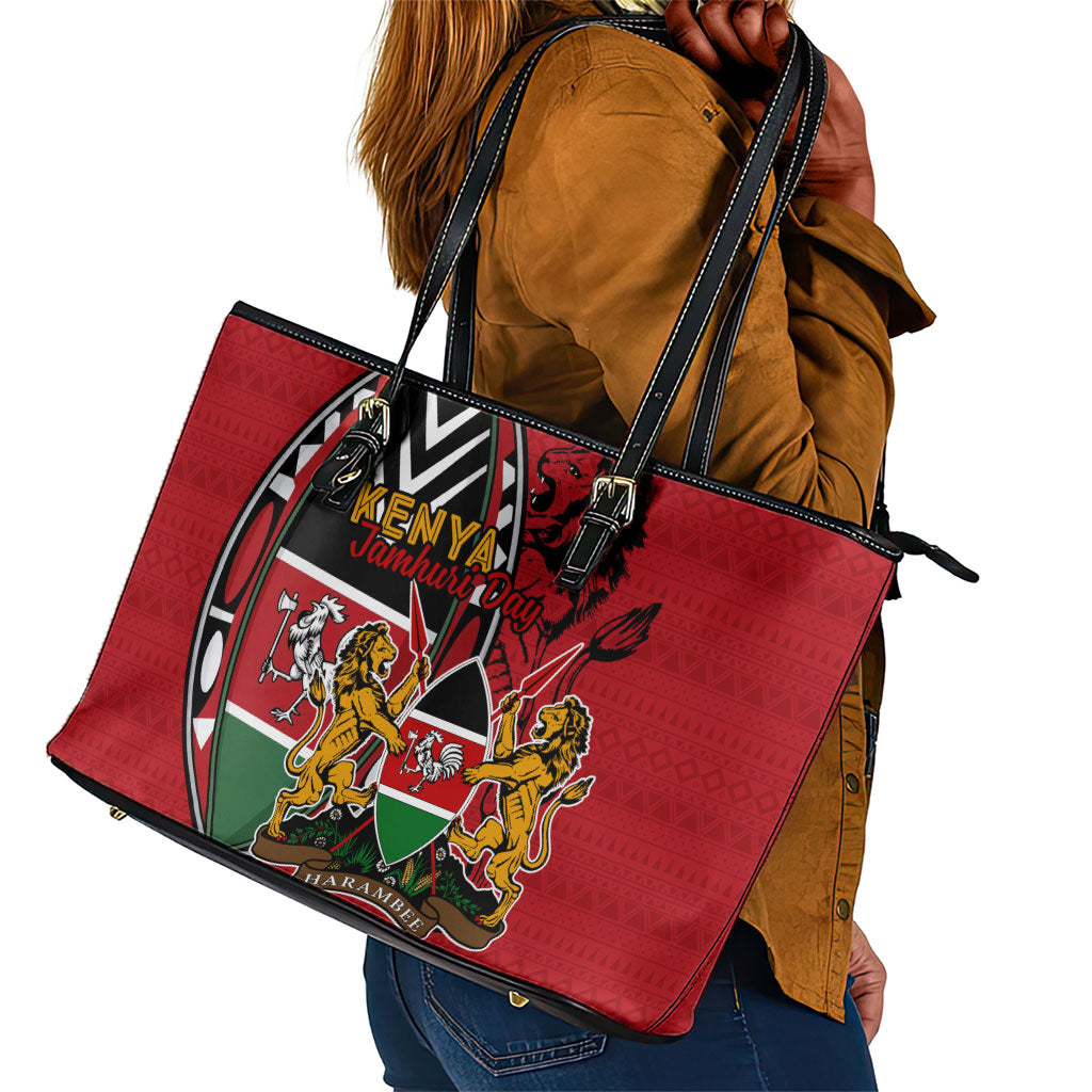 Kenya Jamhuri Day Leather Tote Bag Harambee Spirit Lion Flag Tribal