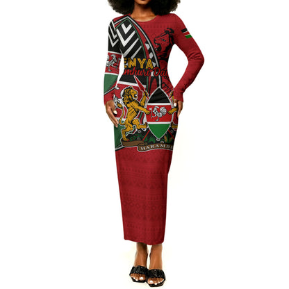 Kenya Jamhuri Day Long Sleeve Bodycon Dress Harambee Spirit Lion Flag Tribal