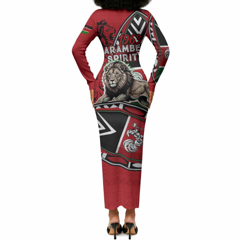 Kenya Jamhuri Day Long Sleeve Bodycon Dress Harambee Spirit Lion Flag Tribal