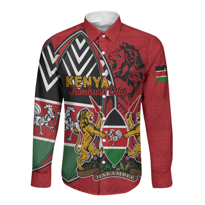 Kenya Jamhuri Day Long Sleeve Button Shirt Harambee Spirit Lion Flag Tribal