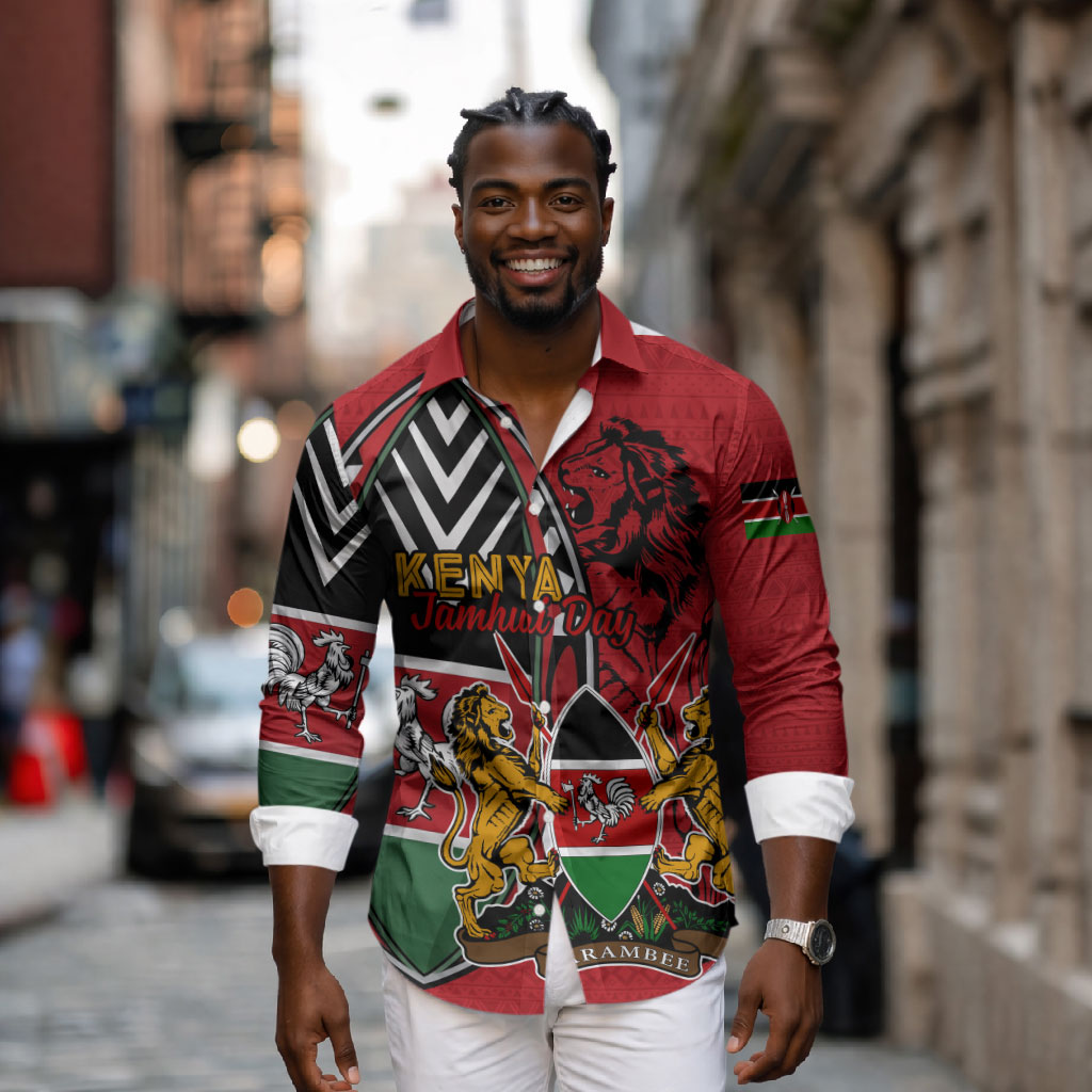 Kenya Jamhuri Day Long Sleeve Button Shirt Harambee Spirit Lion Flag Tribal