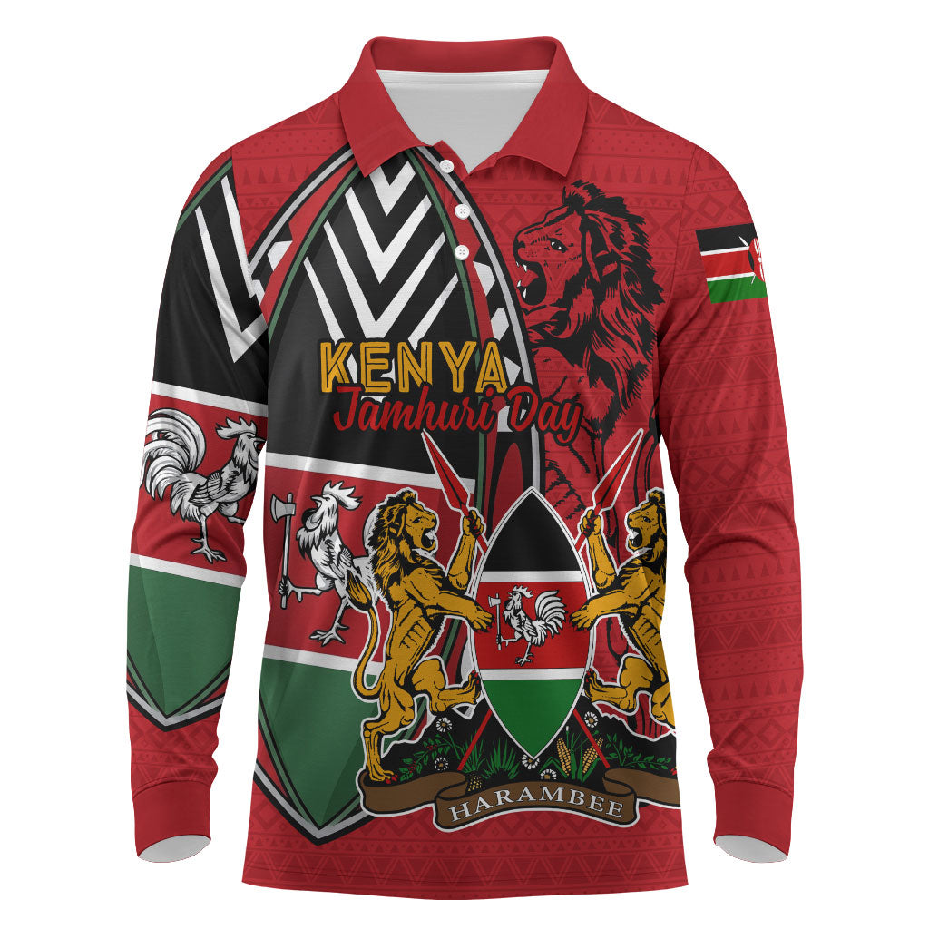 Kenya Jamhuri Day Long Sleeve Polo Shirt Harambee Spirit Lion Flag Tribal