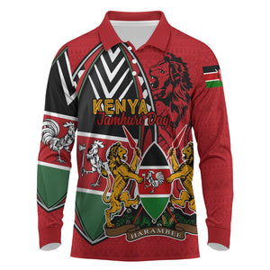 Kenya Jamhuri Day Long Sleeve Polo Shirt Harambee Spirit Lion Flag Tribal