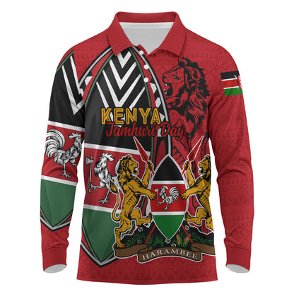 Kenya Jamhuri Day Long Sleeve Polo Shirt Harambee Spirit Lion Flag Tribal