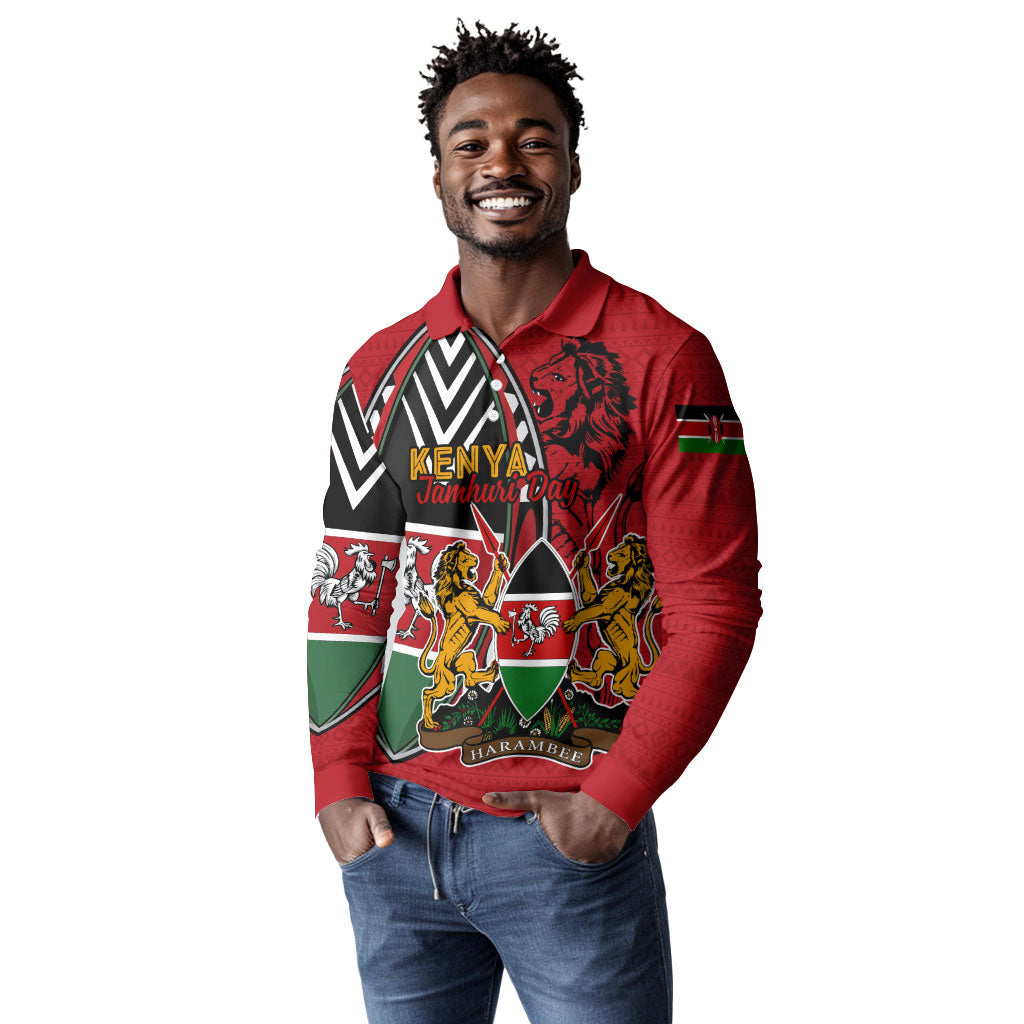 Kenya Jamhuri Day Long Sleeve Polo Shirt Harambee Spirit Lion Flag Tribal