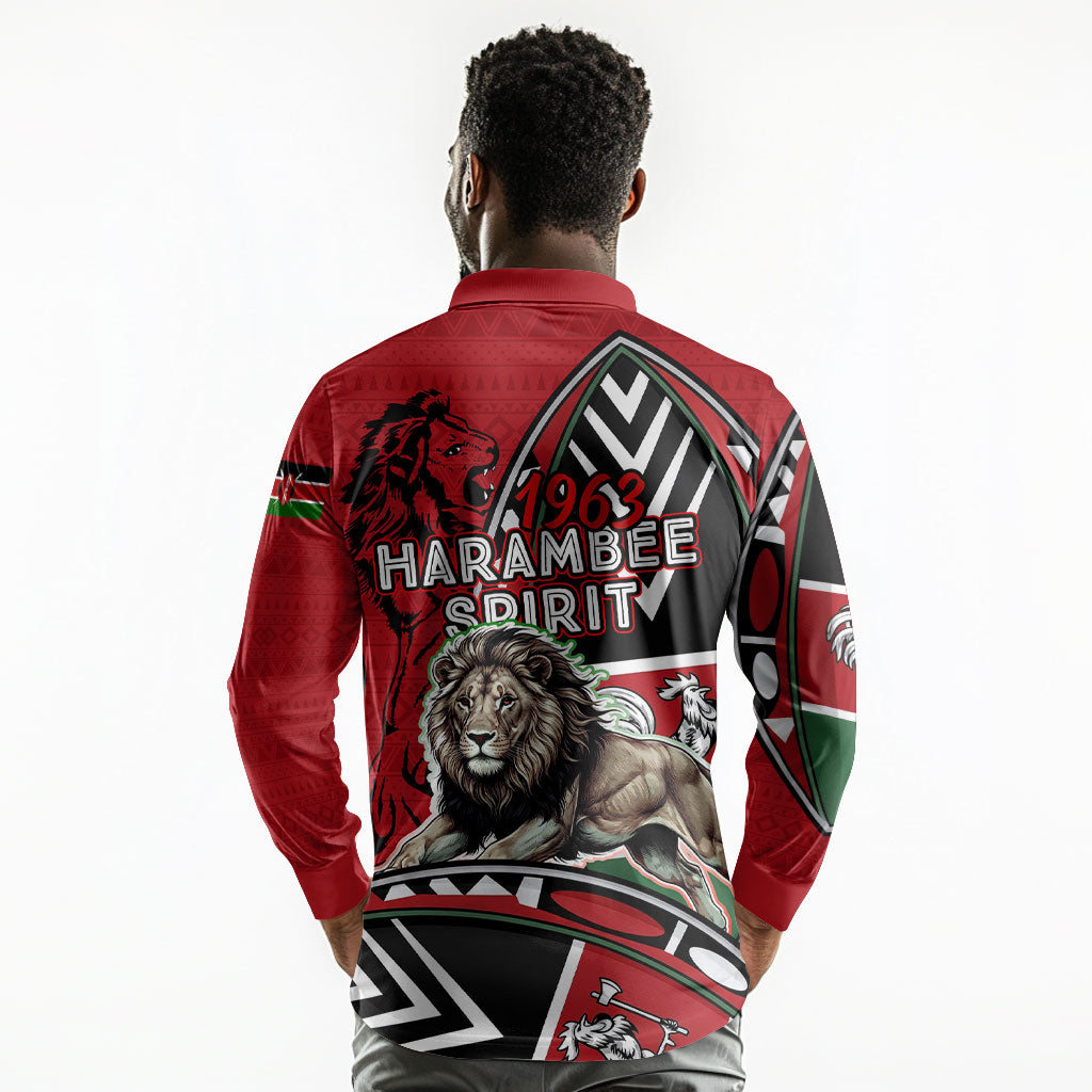 Kenya Jamhuri Day Long Sleeve Polo Shirt Harambee Spirit Lion Flag Tribal