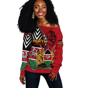 Kenya Jamhuri Day Off Shoulder Sweater Harambee Spirit Lion Flag Tribal