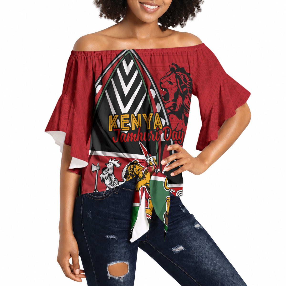 Kenya Jamhuri Day Off Shoulder Wrap Waist Top Harambee Spirit Lion Flag Tribal