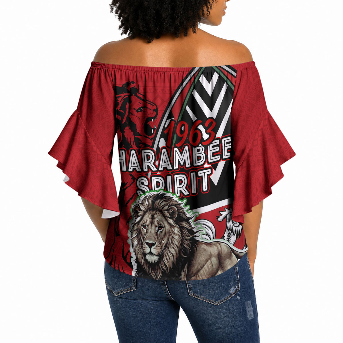Kenya Jamhuri Day Off Shoulder Wrap Waist Top Harambee Spirit Lion Flag Tribal