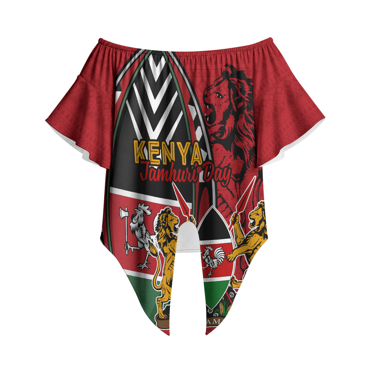 Kenya Jamhuri Day Off Shoulder Wrap Waist Top Harambee Spirit Lion Flag Tribal