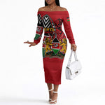Kenya Jamhuri Day Off The Shoulder Long Sleeve Dress Harambee Spirit Lion Flag Tribal