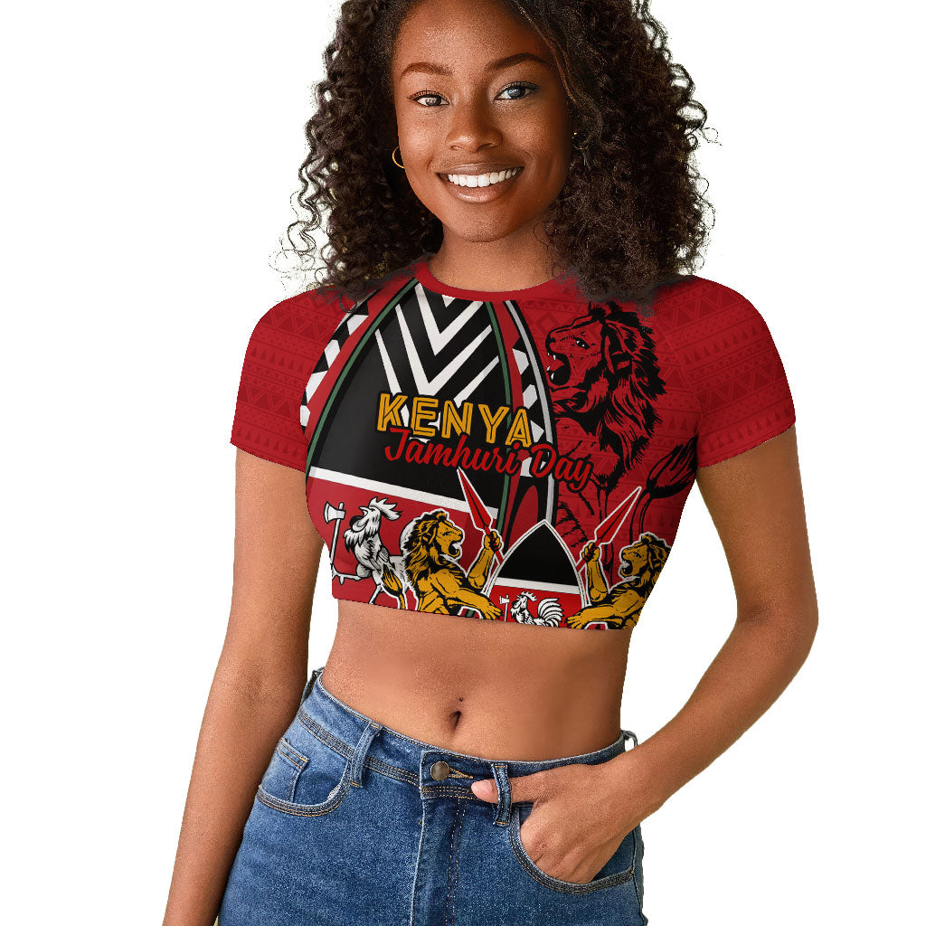 Kenya Jamhuri Day Raglan Cropped T shirt Harambee Spirit Lion Flag Tribal