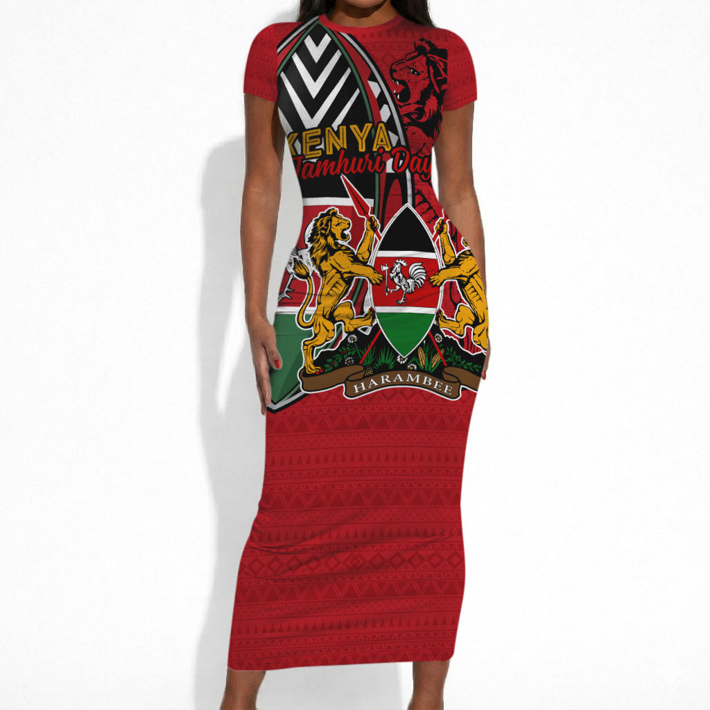 Kenya Jamhuri Day Short Sleeve Bodycon Dress Harambee Spirit Lion Flag Tribal
