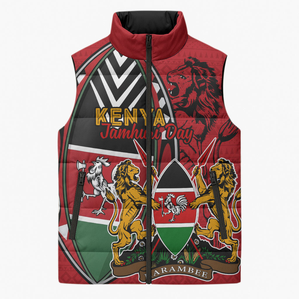 Kenya Jamhuri Day Sleeveless Puffer Jacket Harambee Spirit Lion Flag Tribal