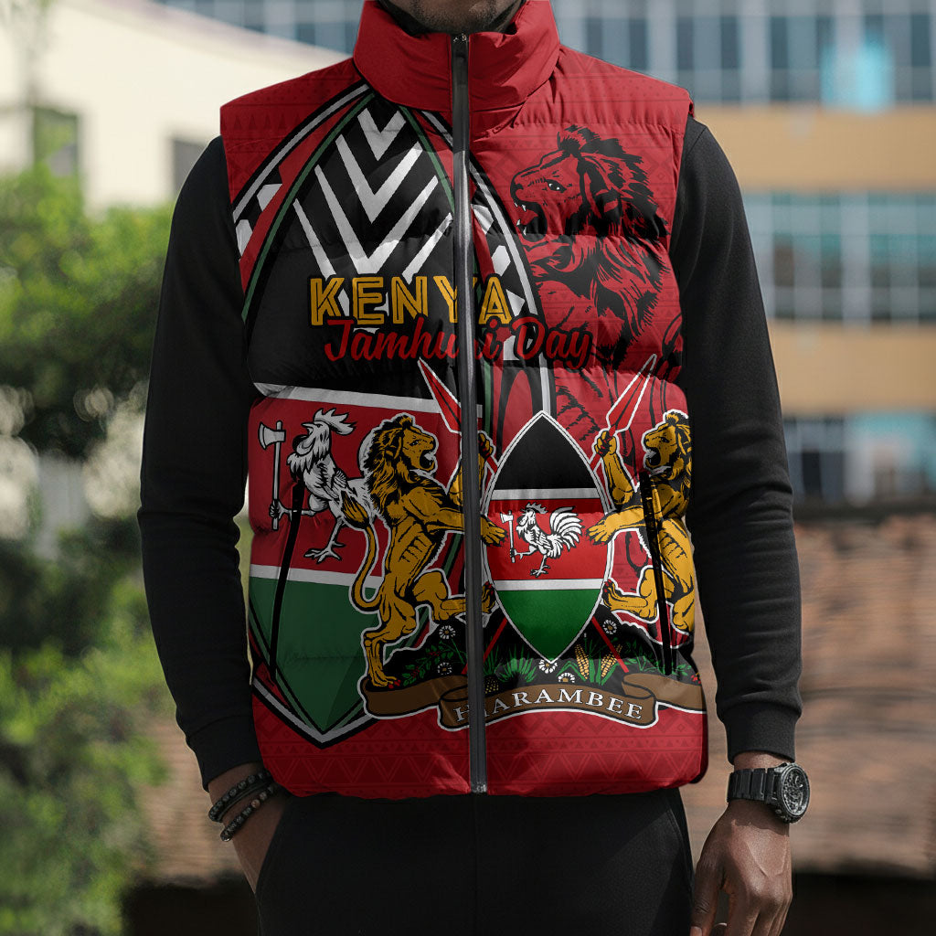 Kenya Jamhuri Day Sleeveless Puffer Jacket Harambee Spirit Lion Flag Tribal