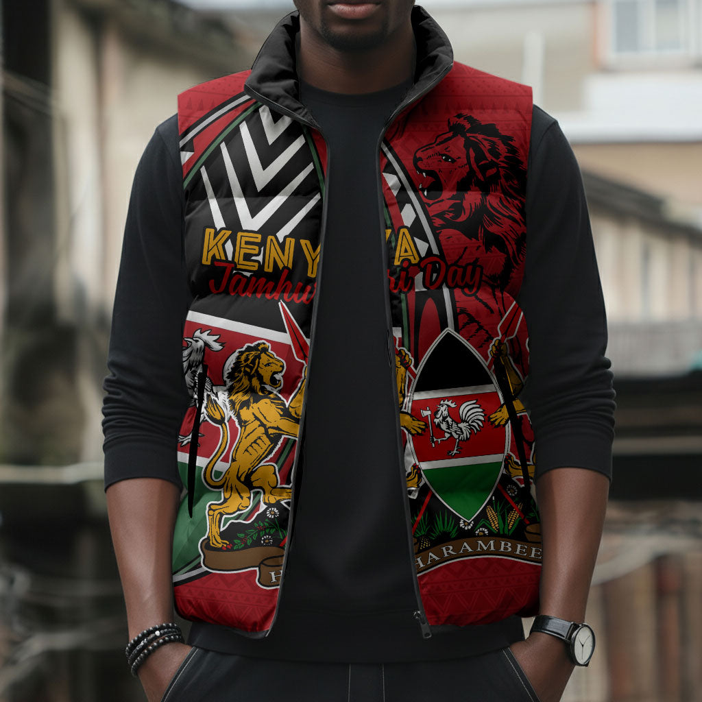 Kenya Jamhuri Day Sleeveless Puffer Jacket Harambee Spirit Lion Flag Tribal