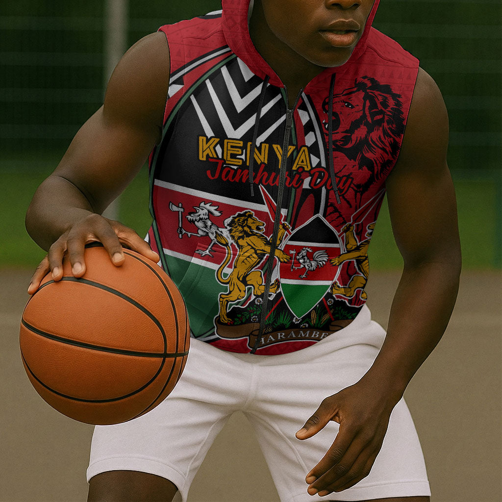 Kenya Jamhuri Day Sleeveless Zip Hoodie Harambee Spirit Lion Flag Tribal