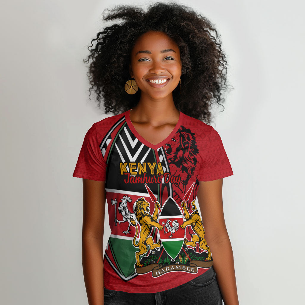 Kenya Jamhuri Day Women V-Neck T-Shirt Harambee Spirit Lion Flag Tribal