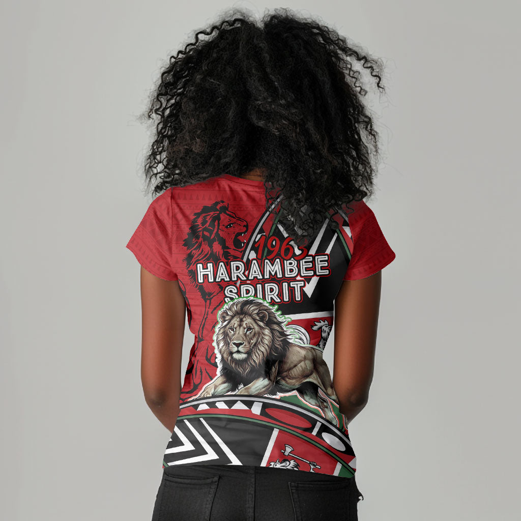 Kenya Jamhuri Day Women V-Neck T-Shirt Harambee Spirit Lion Flag Tribal